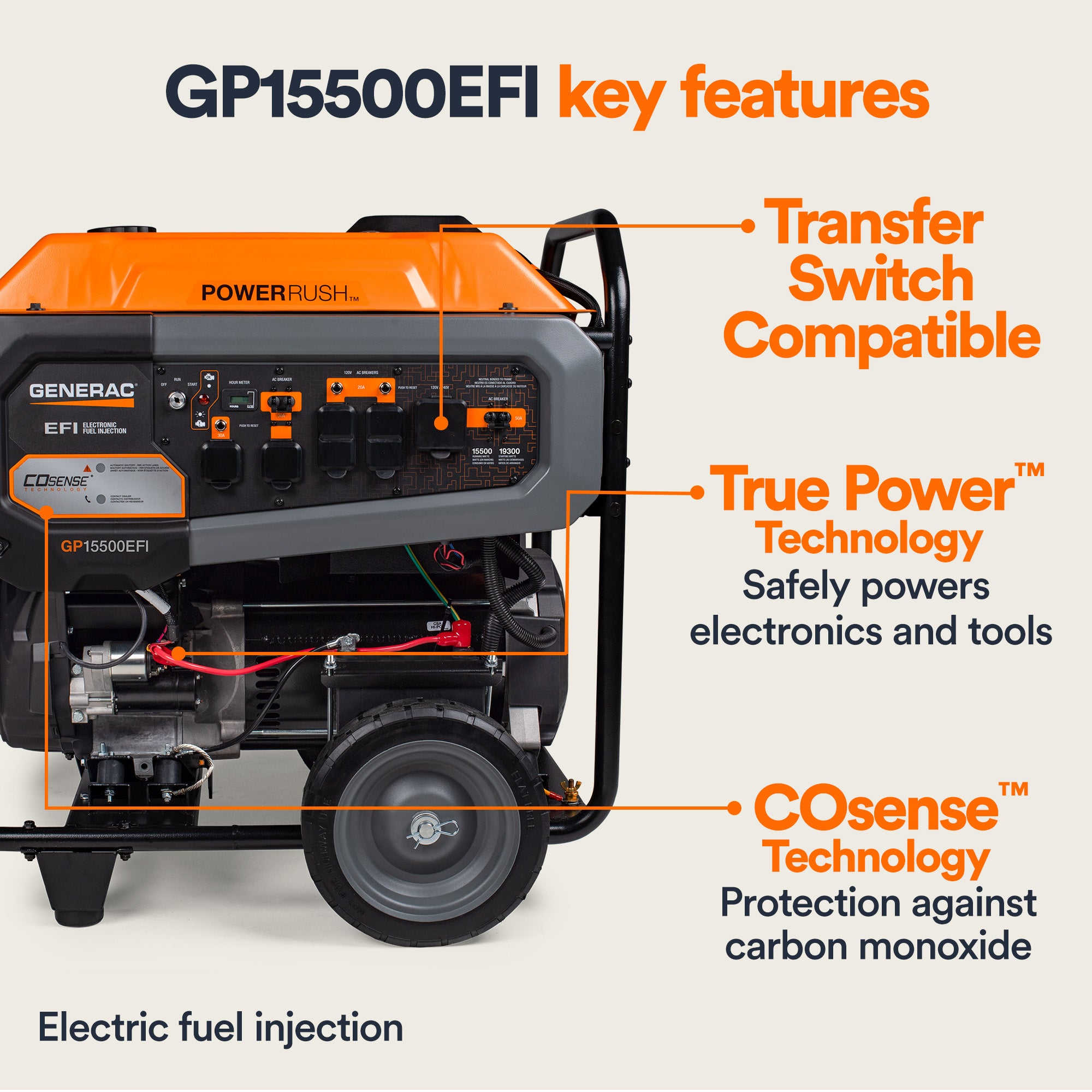 Generac Portable Generator, 15500 | EFI | Electric Start with COsense | 49ST