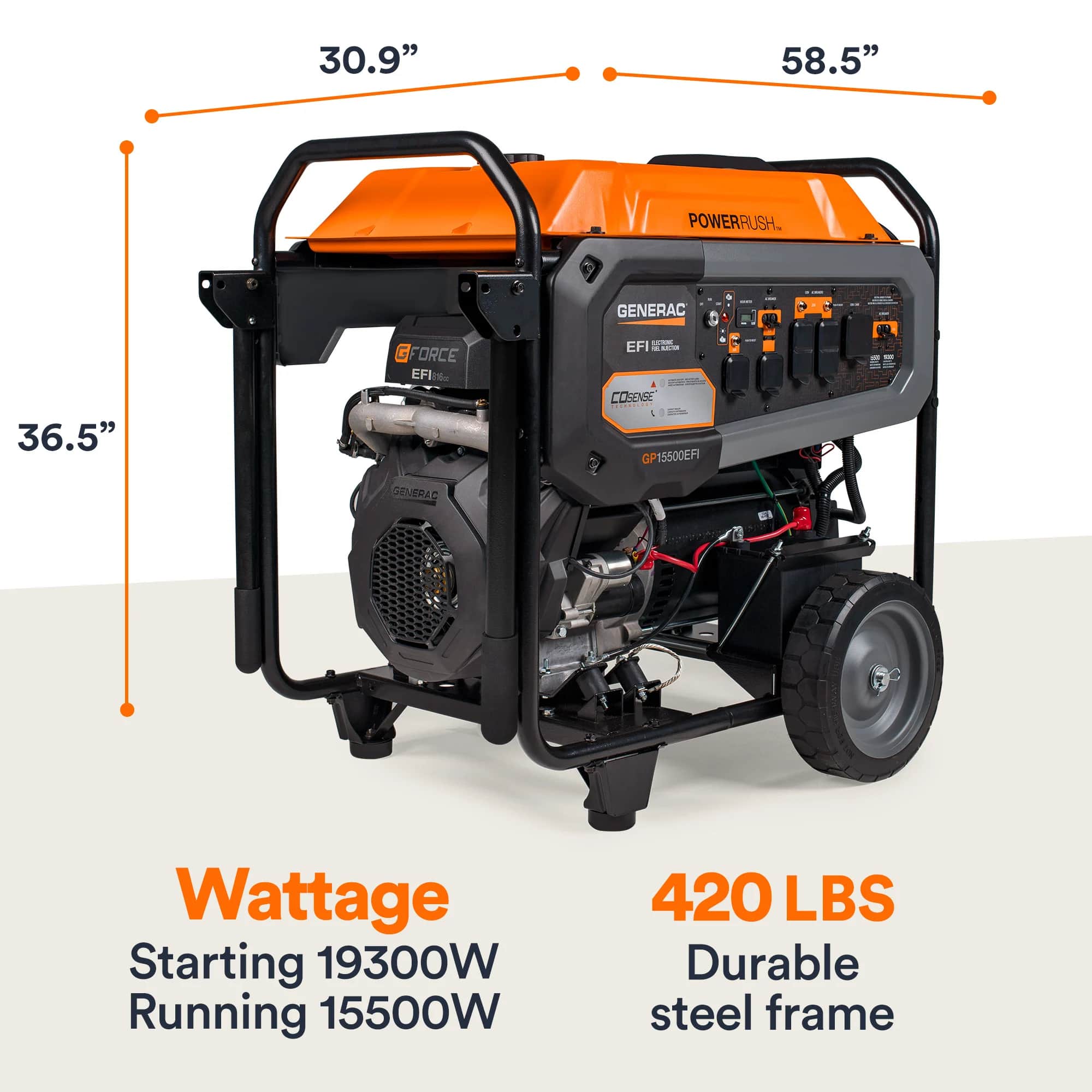 Generac Portable Generator, 15500 | EFI | Electric Start with COsense | 49ST