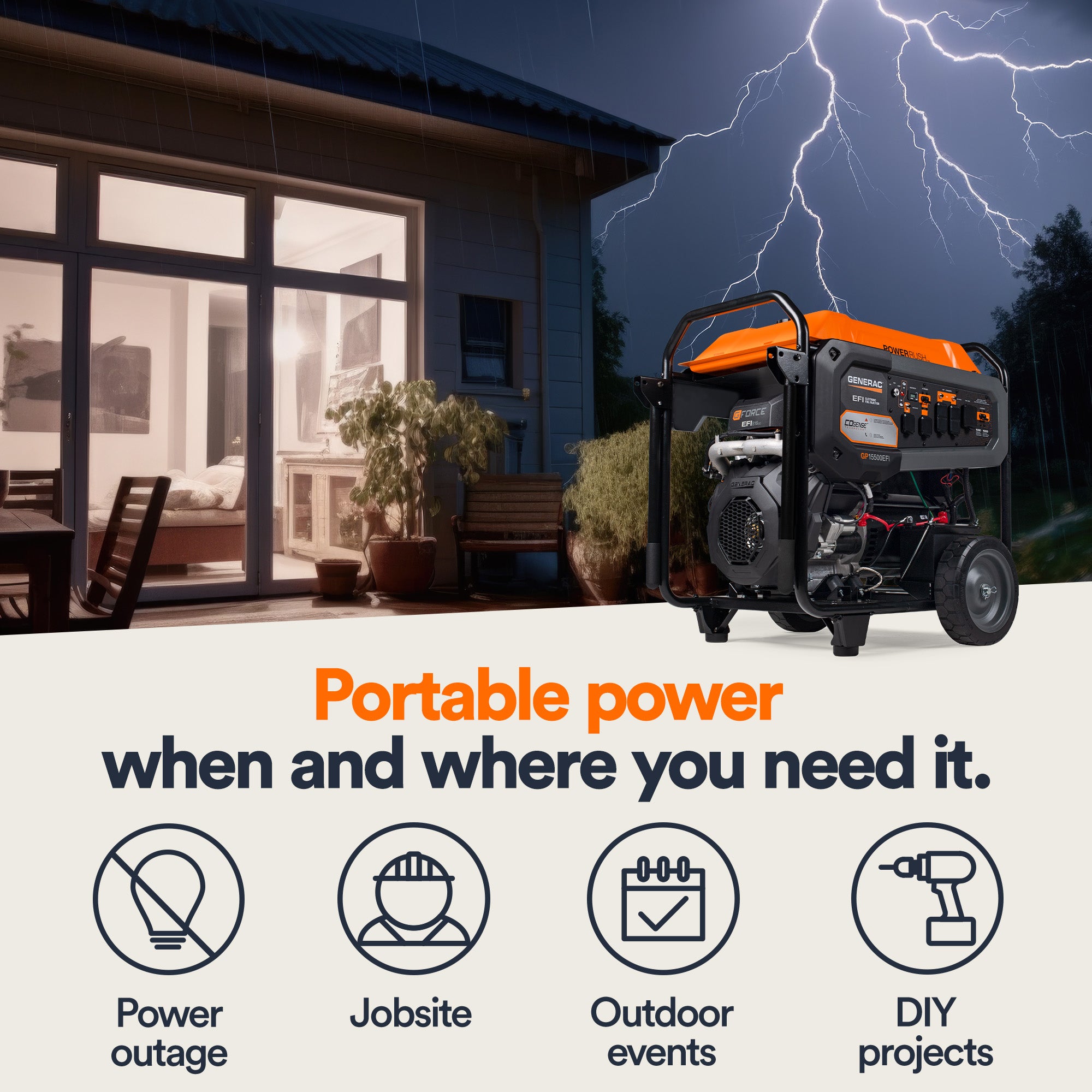 Generac Portable Generator, 15500 | EFI | Electric Start with COsense | 49ST